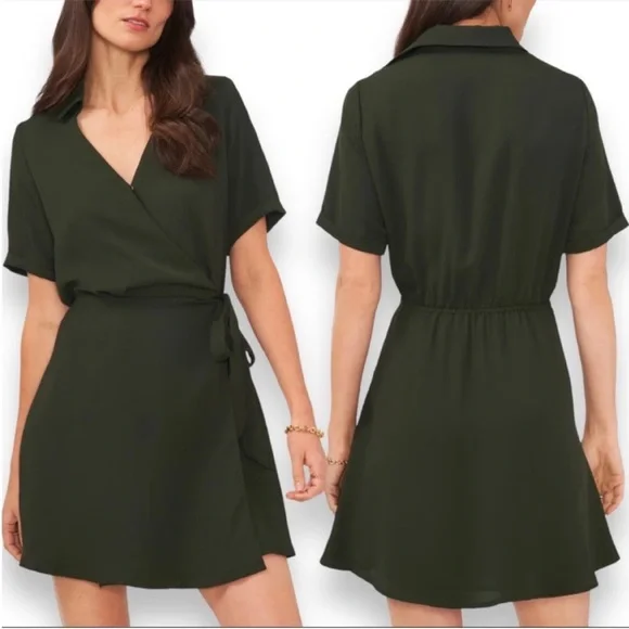 NWT Vince Camuto Collared Satin Wrap Dress In Color Green Size Medium - Picture 2 of 8